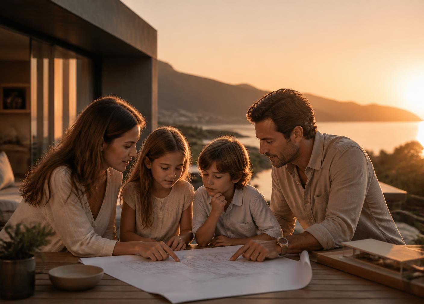Família planejando o futuro em terraço de residência contemporânea