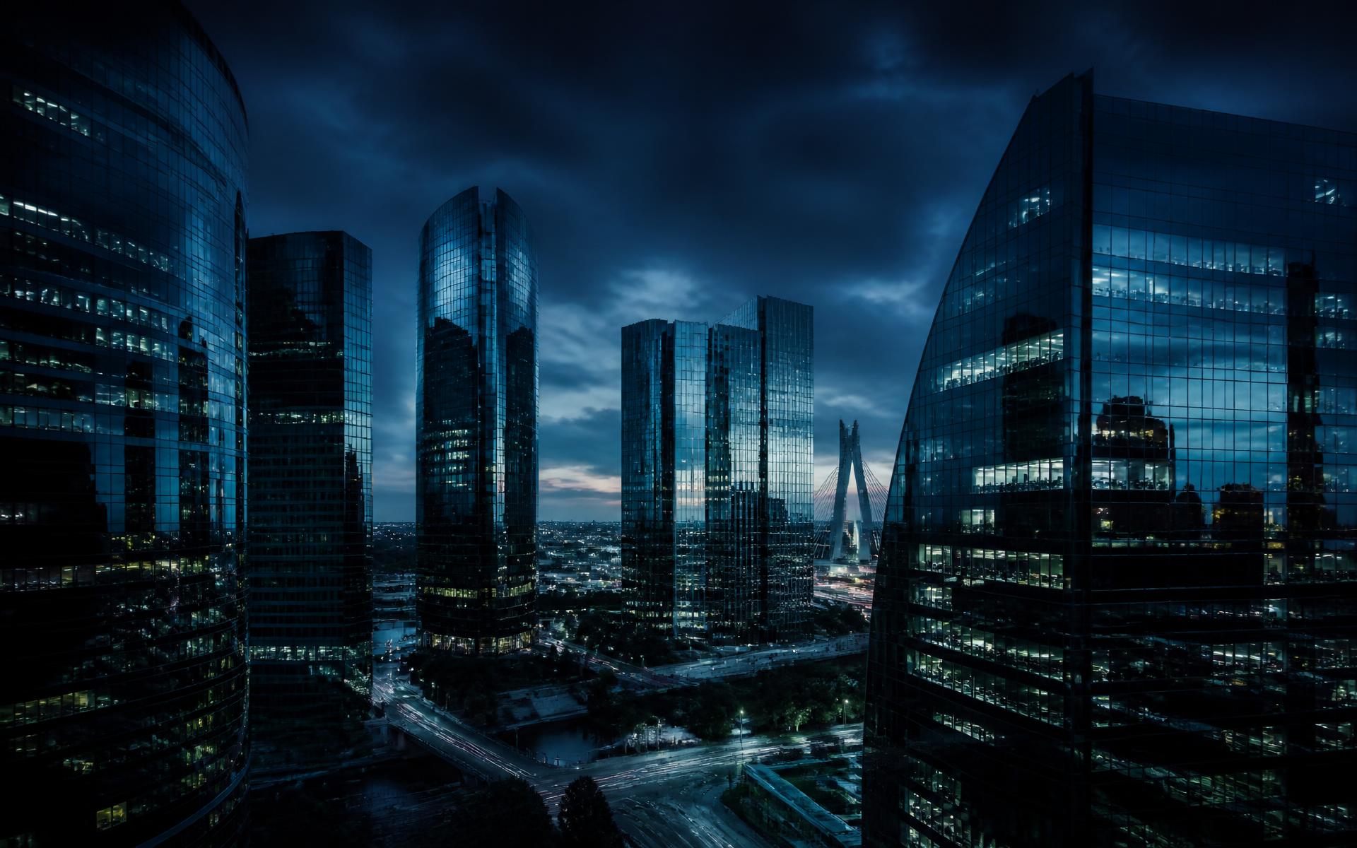 Skyline de um distrito financeiro ao anoitecer